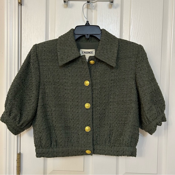 L'Agence Women's Green Cove Short Sleeve Tweed Crop Jacket in Beetle - Picture 6 of 14